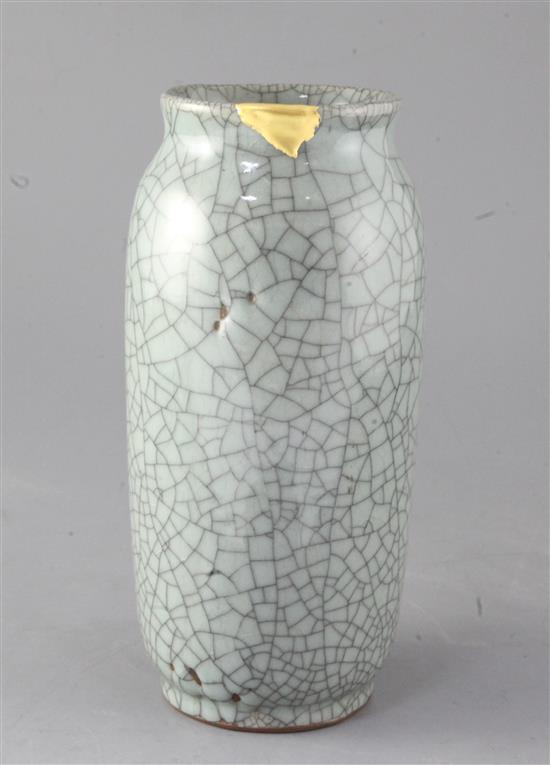 A Chinese celadon crackle glaze vase, Qing dynasty, height 23.75cm, gilt repair to rim